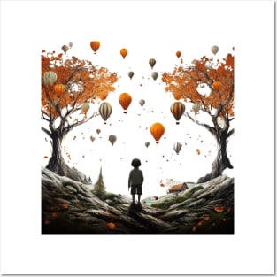 A Child Stands Below Autumn Trees While Balloons Fly Around Him Surrealistic Fantasy Landscapes Posters and Art